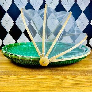 Vintage Woven Basket With Retractable Cover 19”x16” Large Functional Tableware